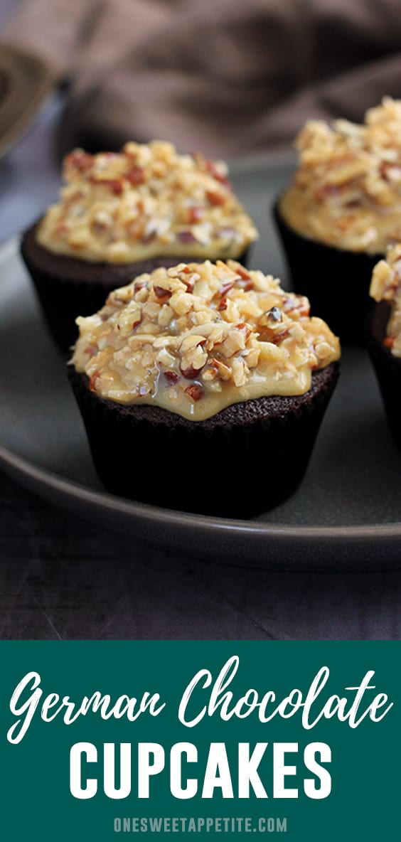 German Chocolate Cupcakes. Easy homemade dulce de leche combines with shredded coconut, pecans, and chocolate cupcakes for a fun and classic dessert recipe!