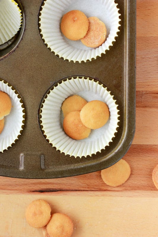 yellow cupcake liners sitting in a muffin tin with mini vanilla wafers inside