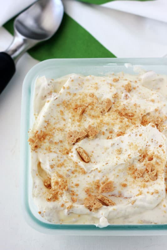 lime ice cream in a square glass container sprinkled with crushed graham crackers