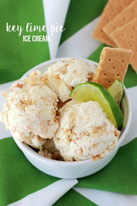 white bowl filled with ice cream scoops and topped with fresh lime slices and graham cracker rectangles