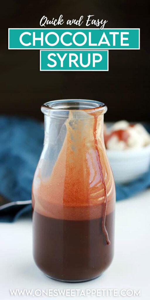 pinterest image of chocolate syrup with text overlay reading "quick and easy chocolate syrup" 