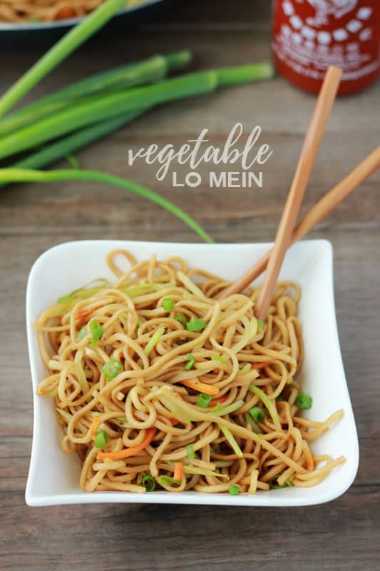 Vegetable Lo Mein in a bowl with chopsticks