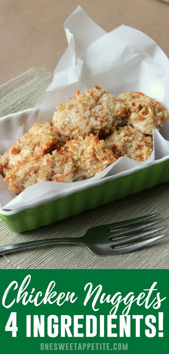 This baked chicken nugget recipe is only 4 ingredients! Easy to make and tastes incredible! Did I mention they are picky eater approved?
