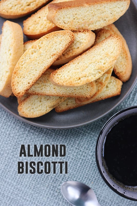 almond biscotti stacked on a plate