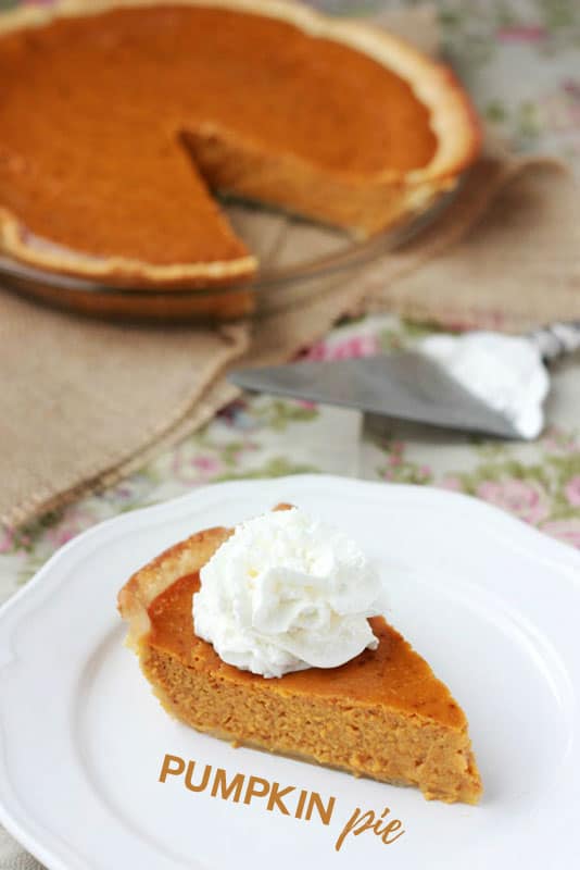 Pumpkin Pie slice on white plate with whipped cream