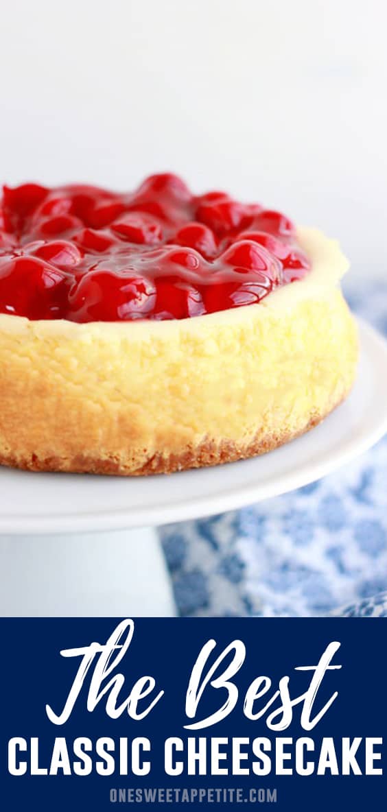This is the best cheesecake recipe. Smooth, rich, and creamy cheesecake filling is topped on a buttery graham cracker crust. Amazing with or without a fruit topping!