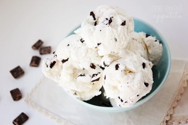 Scoops of chocolate chip ice cream in a blue bowl