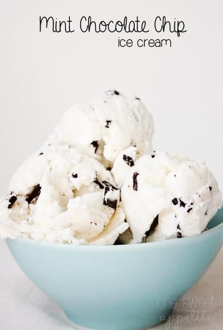 mint chocolate chip ice cream in a blue bowl