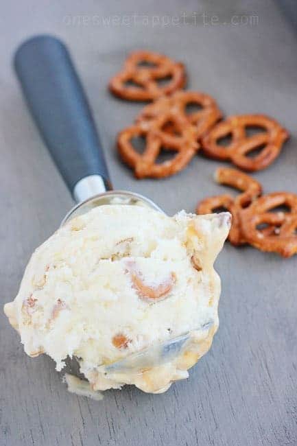 No-Churn Salted Caramel Pretzel Ice cream in an ice cream scoop