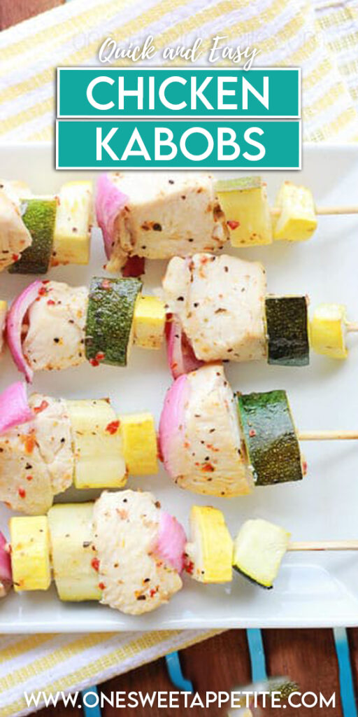pinterest graphic image showing the skewers cooked and on a white plate with text overlay reading "quick and easy chicken kabobs"