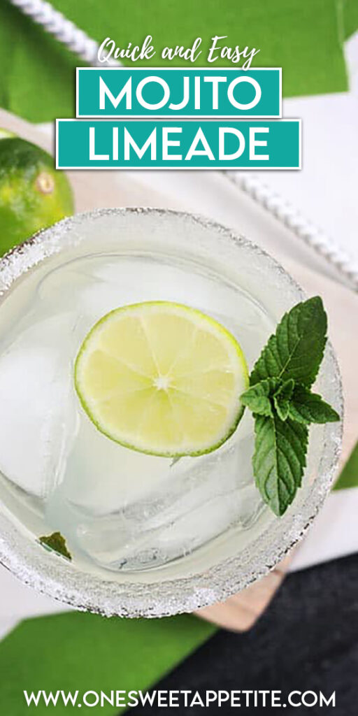 pinterest graphic image of a drink with a lime wedge and mint. text overlay reading "quick and easy mojito limeade"