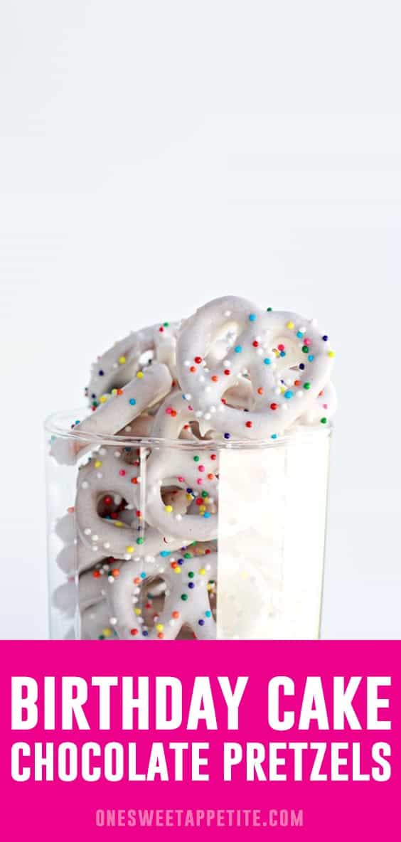 Cake batter and white chocolate dipped pretzels make this fun a birthday treat! Birthday Cake Pretzels are sweet, salty and completely irresistible!