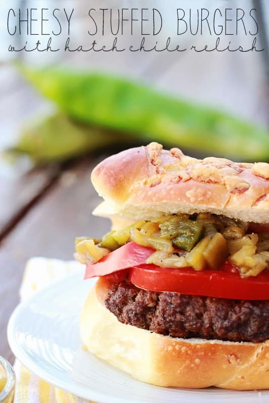 cheesy stuffed burgers with hatch chile relish recipe