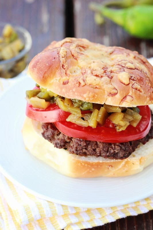 cheesy stuffed burgers with hatch chile relish