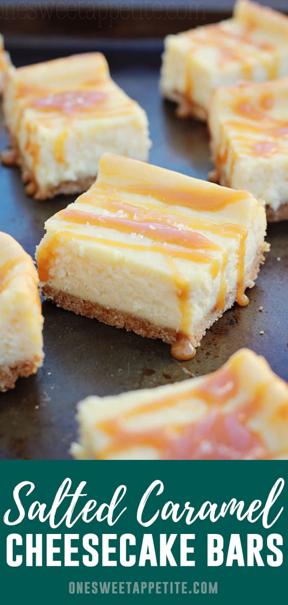 Salted Caramel Cheesecake Bars - Creamy cheesecake bars with a buttery graham cracker crust and topped with salted caramel sauce ... This is the perfect Cheesecake Bars Recipe!