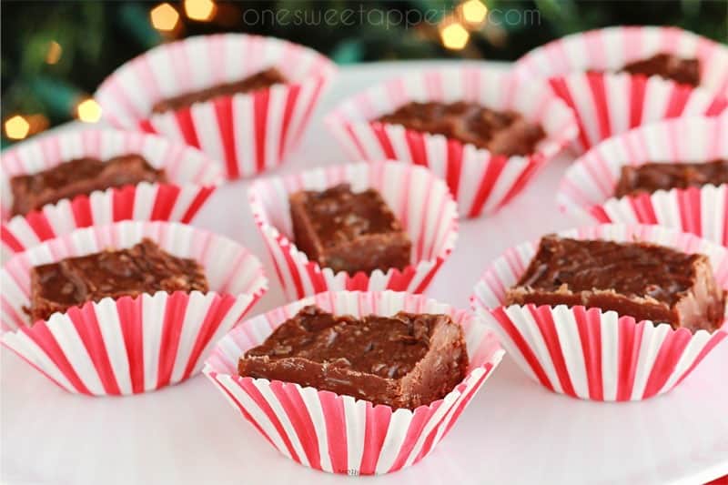 pieces of german chocolate fudge in cupcake liners