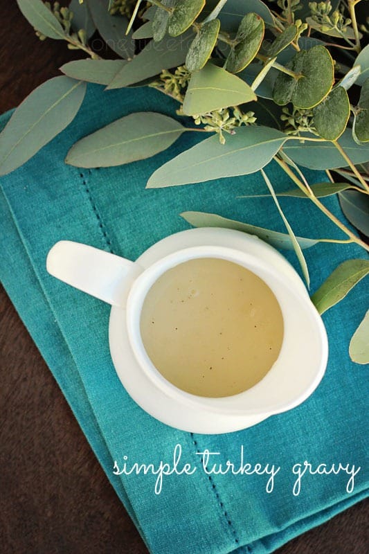 top down image looking into a white serving dish with gravy