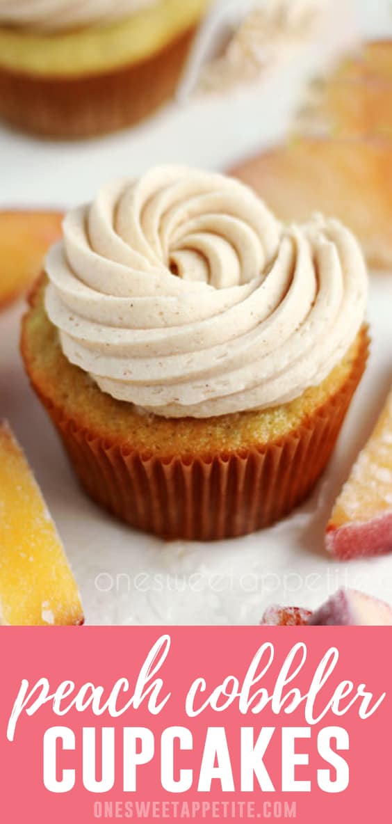 These homemade peach cupcakes are filled with a sweet peach curd and topped with cinnamon frosting - making it the perfect peach cobbler cupcake recipe! 