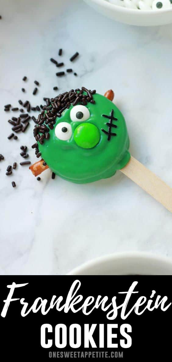 These Frankenstein Cookies are the perfect Halloween treat! All you need is Oreo cookies, melted chocolate, pretzels, and m&m candies!