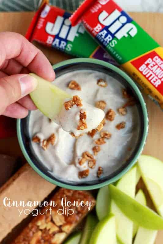 top down image showing a blue bowl filled with a cinnamon dip with an apple being held above the bowl with yogurt on the end. 