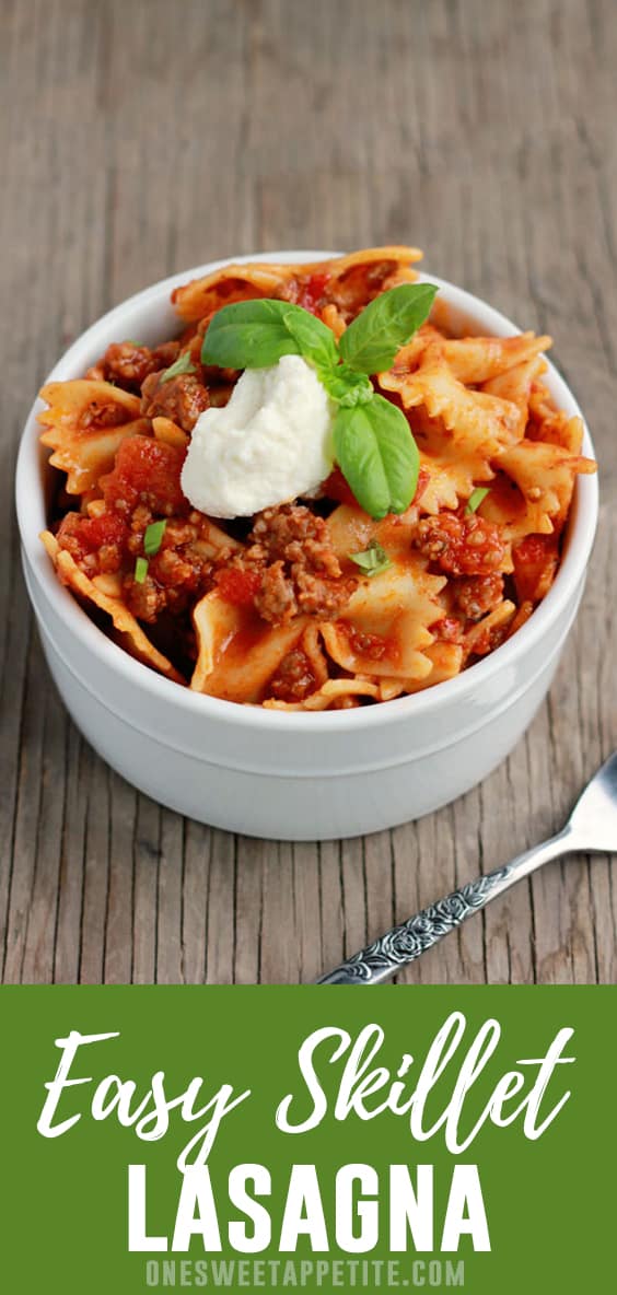 Quick Lasagna Skillet Dinner. This one-pot dinner is the perfect go-to weeknight meal. Browned sausage, bow tie pasta, and zesty tomato sauce make this the perfect menu addition.