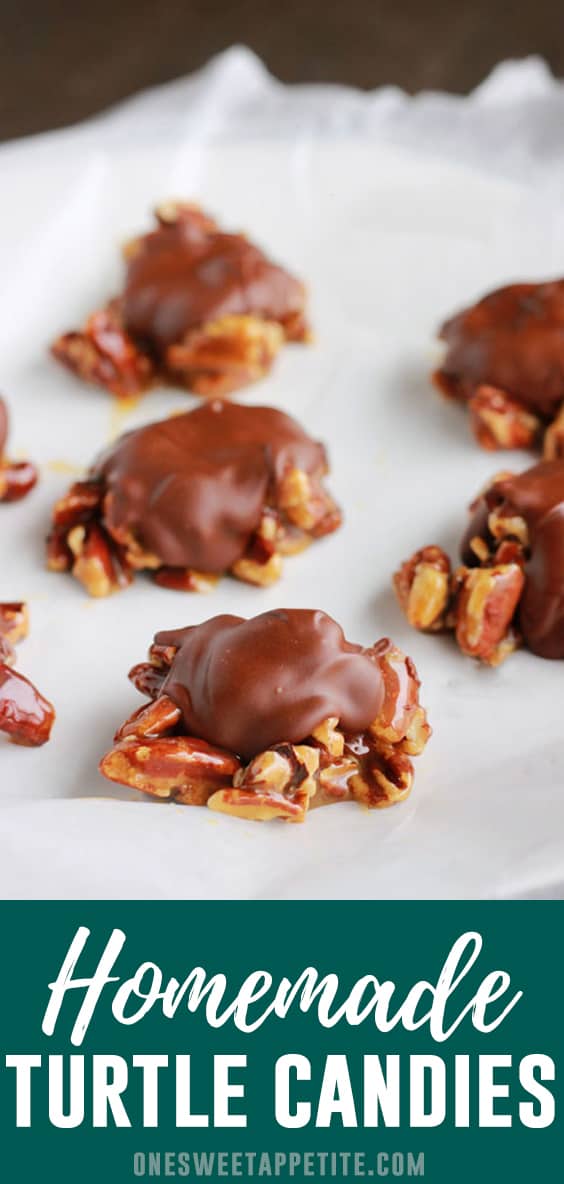 Homemade Turtles Candy. With just four simple ingredients you can have an elegant homemade candy ready for giving! Lightly toast pecans, drizzle with caramel, and top with melted chocolate. This decadent homemade candy recipe is perfect for giving.
