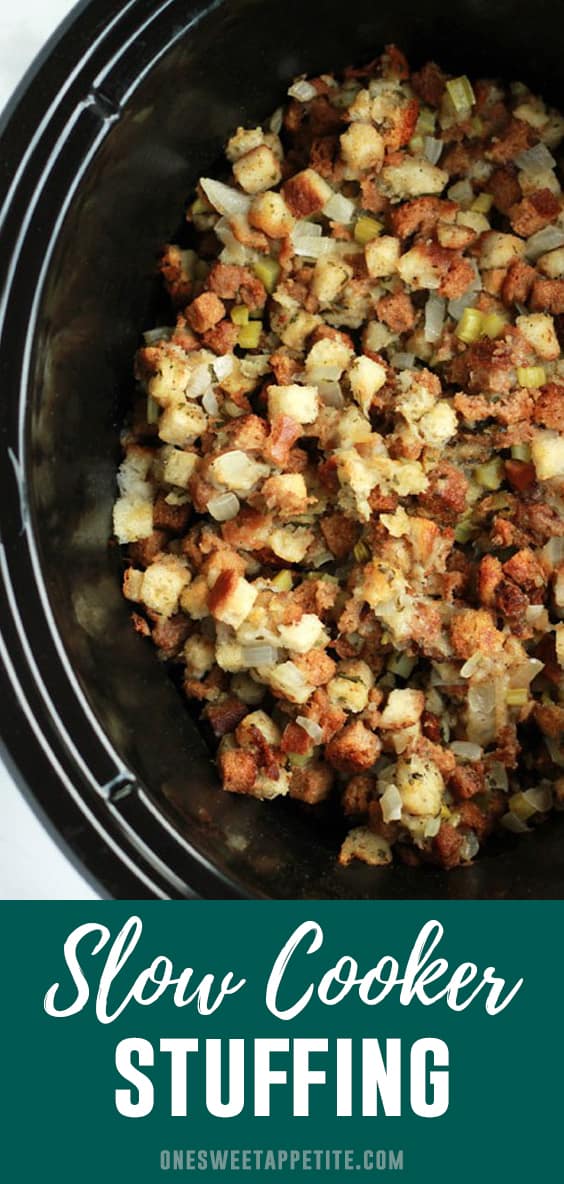 pinterest graphic of stuffing with text overlay reading "slow cooker stuffing"