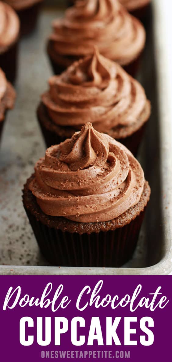 Double Chocolate Cupcakes. These homemade chocolate cupcakes are the perfect cure for a sweet tooth! Fudge-like cake is topped with a smooth and creamy chocolate buttercream for the perfect dessert recipe!  