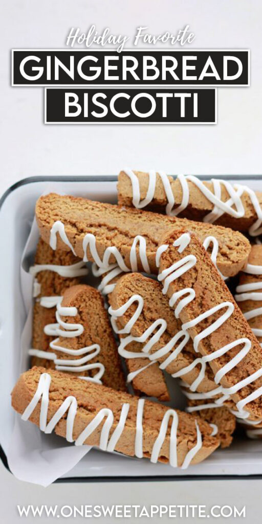 biscotti in a tin with text overlay reading "holiday favorite gingerbread biscotti"