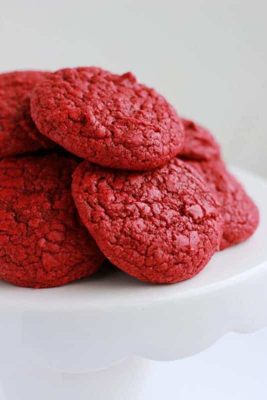 Red Velvet Cookies on a cake stand