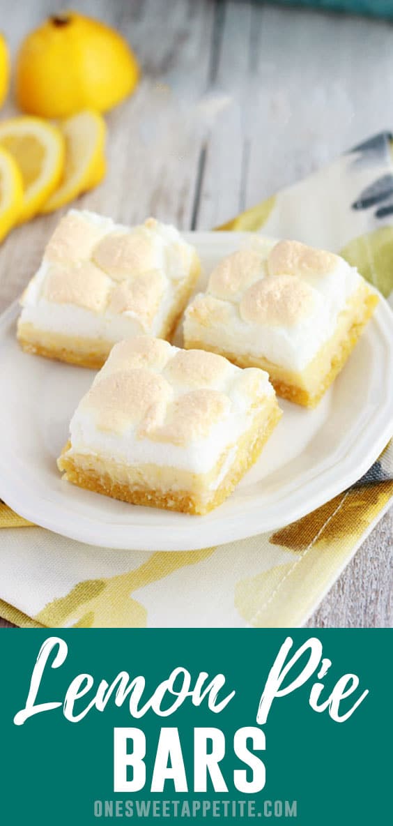 These lemon pie bars are topped with a sweet meringue topping giving them the perfect combination of tart and sweet!