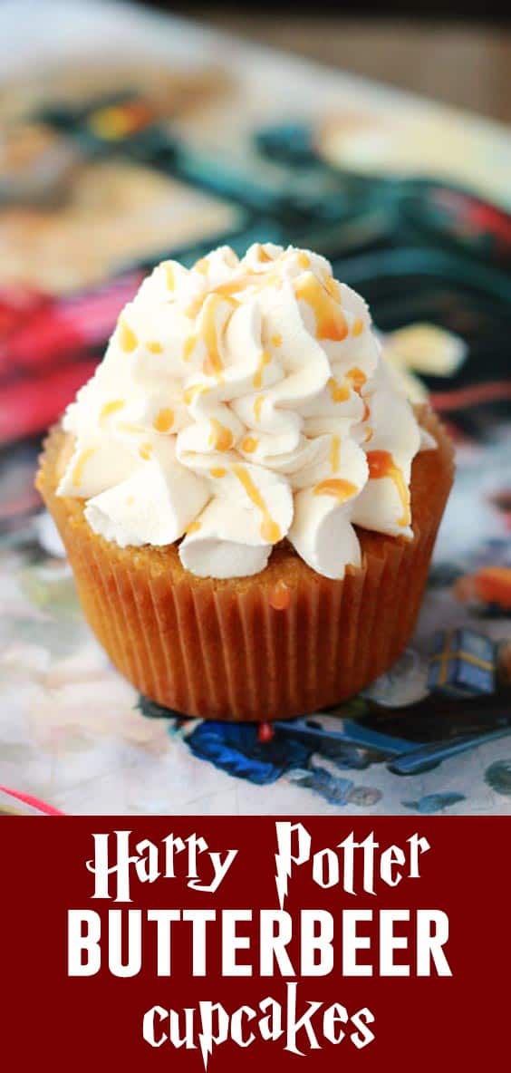 These Harry Potter inspired Butterbeer Cupcakes are the BEST! A rich butterscotch cupcake topped with sweetened whipped cream makes these perfect for any witch or wizard!