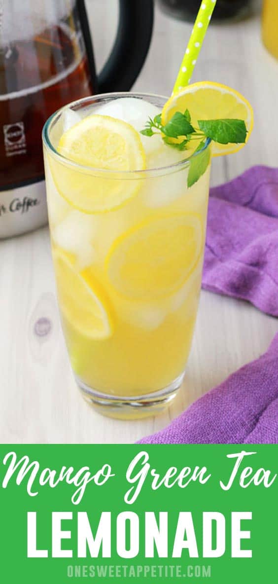This refreshing Mango Green Tea Lemonade recipe is the perfect summer thirst quencher! Made with just 3 base ingredients; mango nectar, lemonade concentrate, and green tea. 