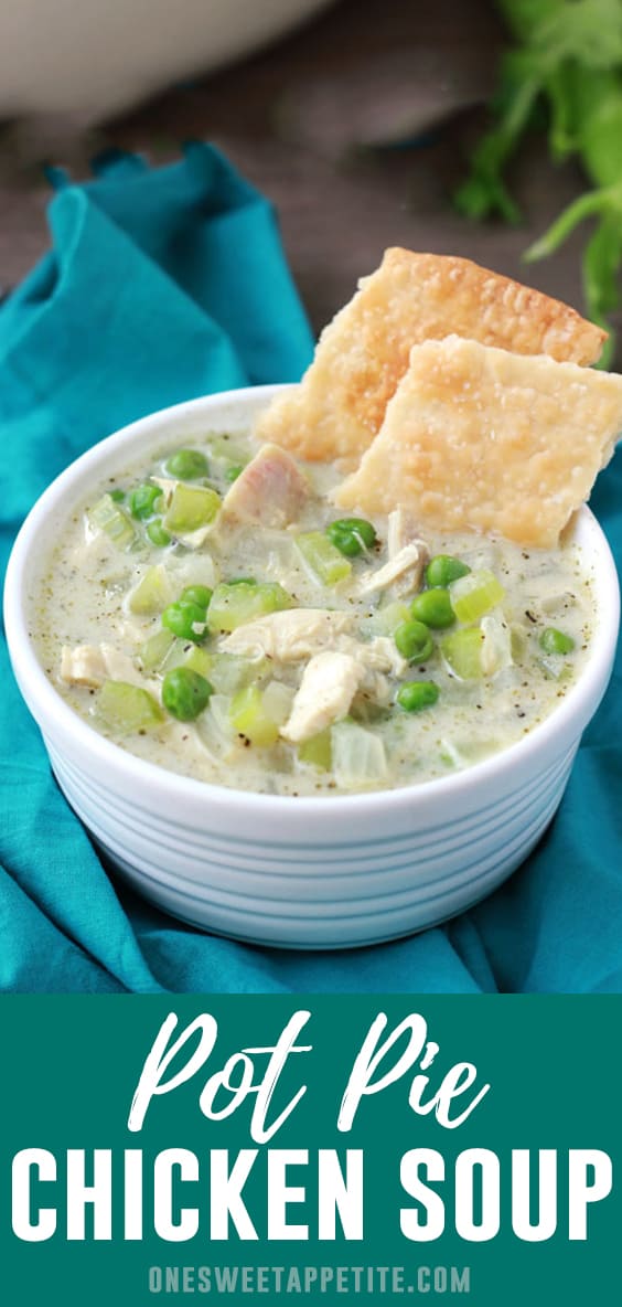 Pot pie turned into soup! This chicken pot pie soup is easy to make and the ultimate comfort food. Serve with pie crust chips or homemade biscuits for a delicious easy dinner.  