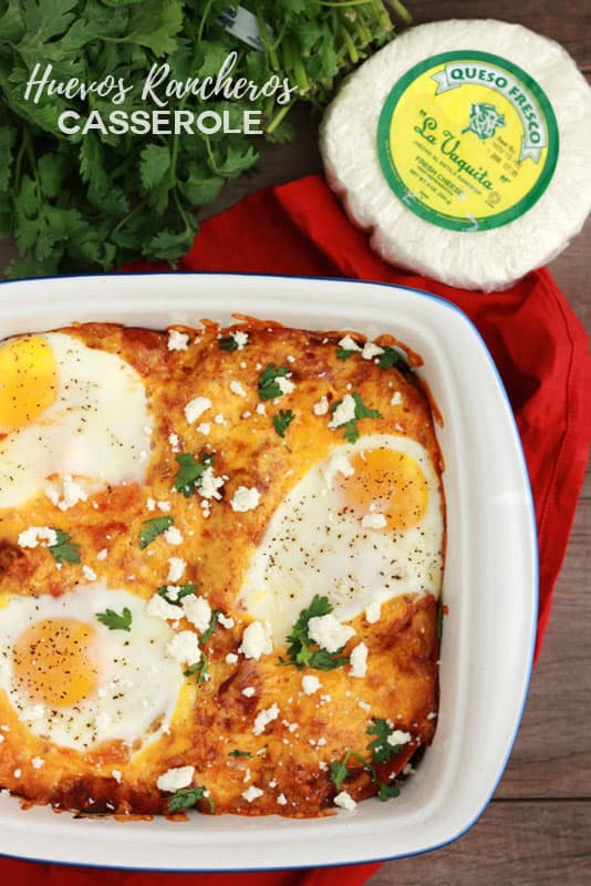 9 inch pan filled with huevos rancheros casserole