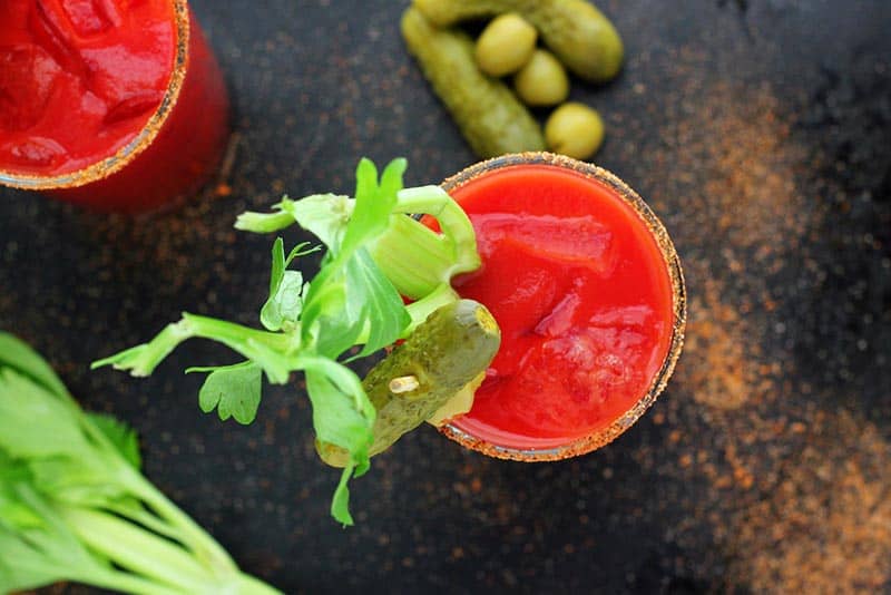 House made Bloody Mary cocktail mixture from vegetables in pitcher