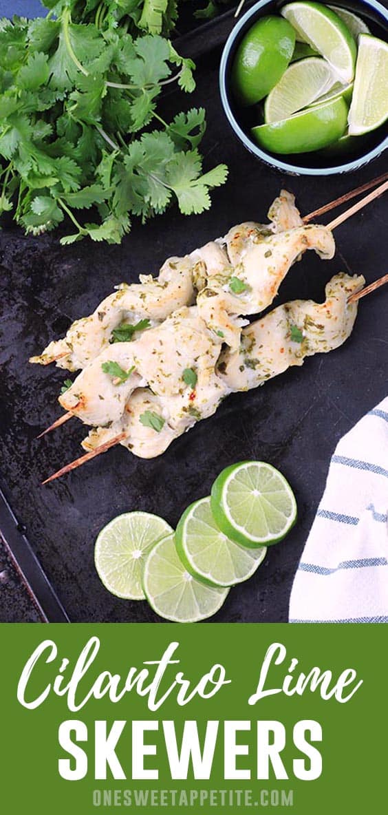 Inspired by the classic street cart food, this cilantro lime skewers recipe is a delicious way to grill chicken! Made with fresh lime juice, cilantro, and a touch of honey for a family approved dinner recipe.