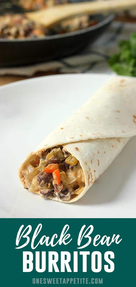 These tasty black bean burritos are filled with flavor and the perfect addition to your dinner menu! Black beans, onion, red pepper, and garlic combine to give you the perfect plant based protein meal! 