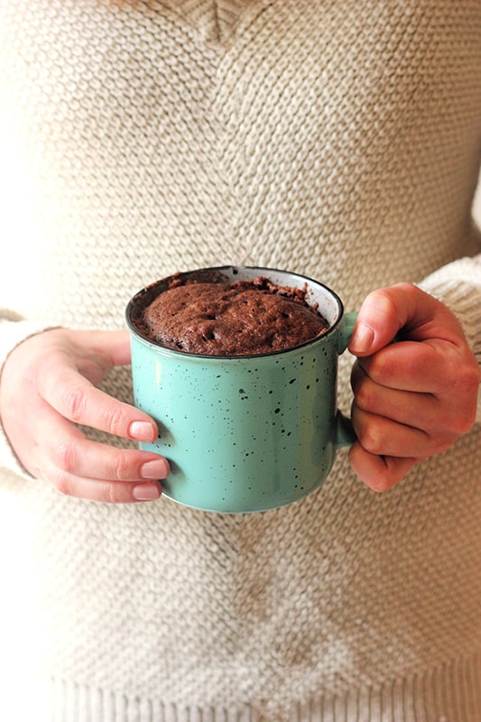 Hands holding a blue mug with chocolate cake inside 