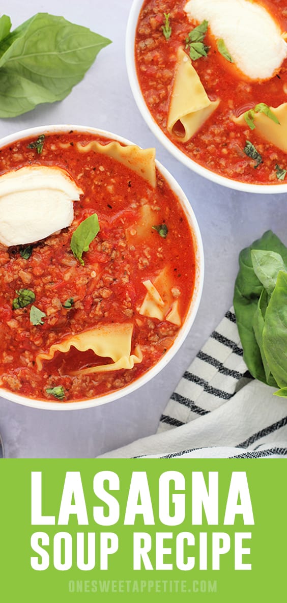 This one pot Lasagna Soup Recipe has the flavor of lasagna and comes together in minutes! Hearty, filling, and the perfect easy dinner recipe! 