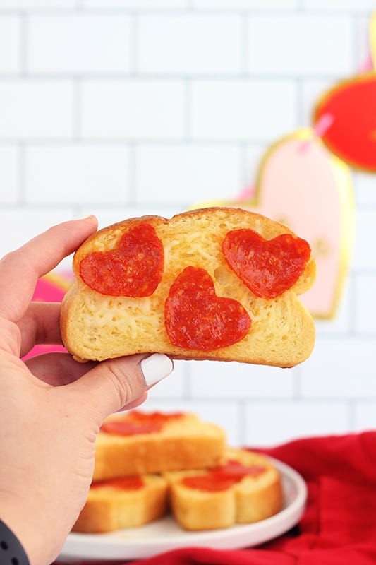 2-ingredient garlic toast pizza with heart shaped pepperoni