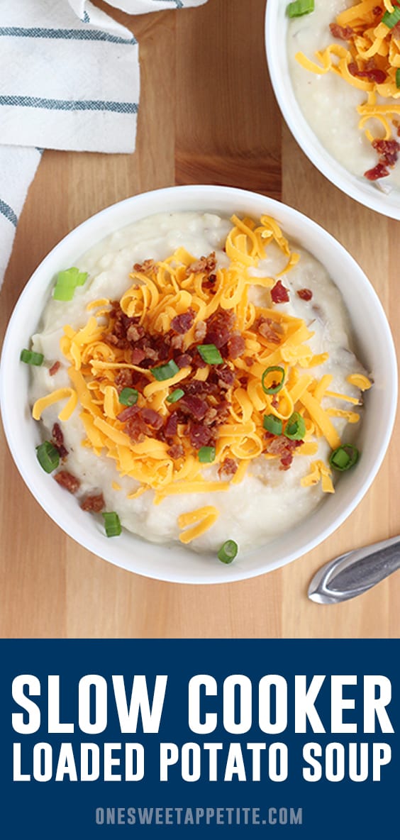 Slow Cooker Loaded Potato soup is the ultimate comfort food! Easy to make with just 10 minutes of prep and minimal ingredients. It is the perfect weeknight recipe!