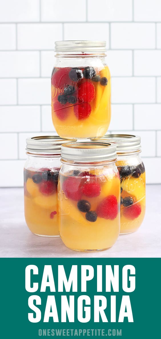 This easy camping sangria recipe is made in a mason jar! Fresh fruit, vodka, and wine combing giving you a perfect camping cocktail!