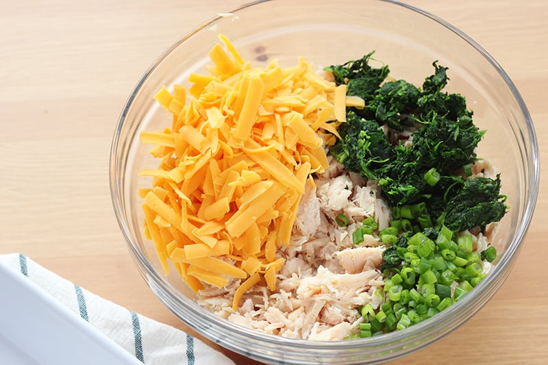 Bowl of shredded chicken, cheese, spinach and green onion