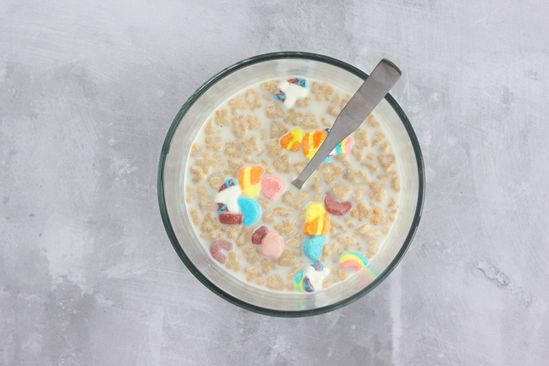 cereal in a glass bowl filled with milk