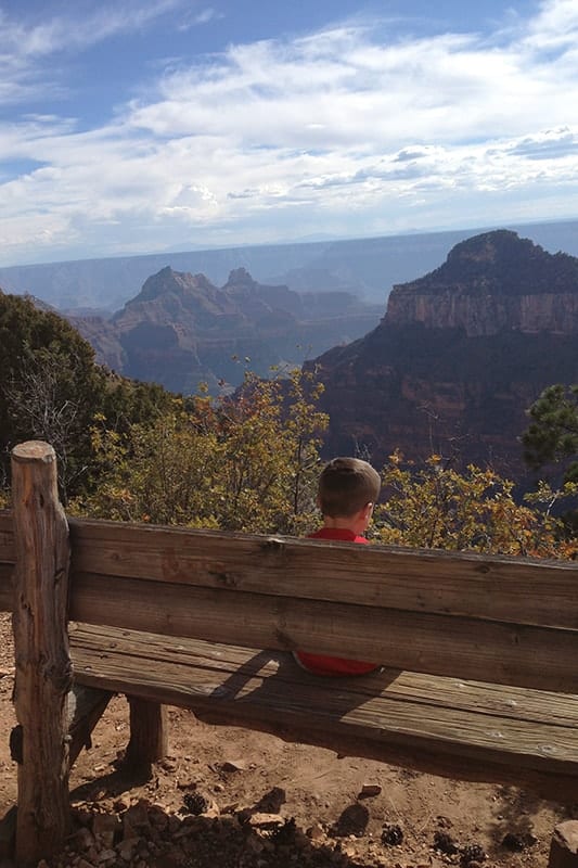 boy sits on wood bench overlooking the grand canyon