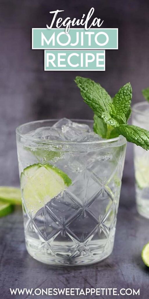 image showing a glass filled with ice and a clear liquid. There is a lime and fresh mint. Text overlay reads tequila mojito recipe