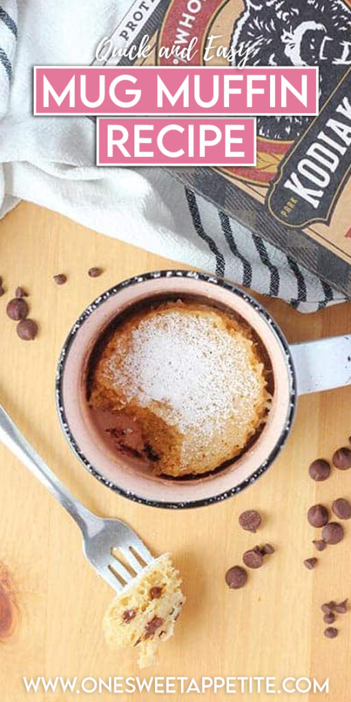 pinterest graphic of a mug muffin sitting on a wooden table top with a bite sitting on a fork with text overlay reading "quick and easy mug muffin recipe"