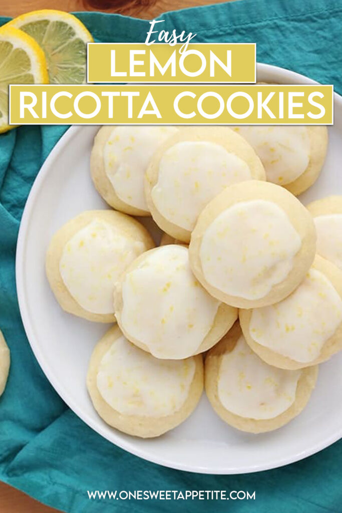 top down image showing a white round plate sitting on a teal napkin with lemon slices off to the side. The top of the plate ist opped with round cookies that have a glaze on top that is dotted with lemon zest. Text overlay reads "easy lemon ricotta cookies"