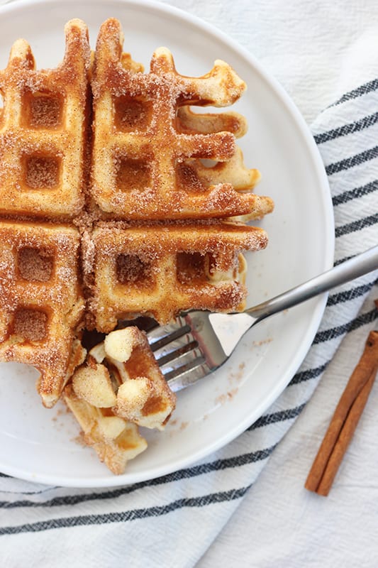 Cinnamon and sugar waffles on a white plate